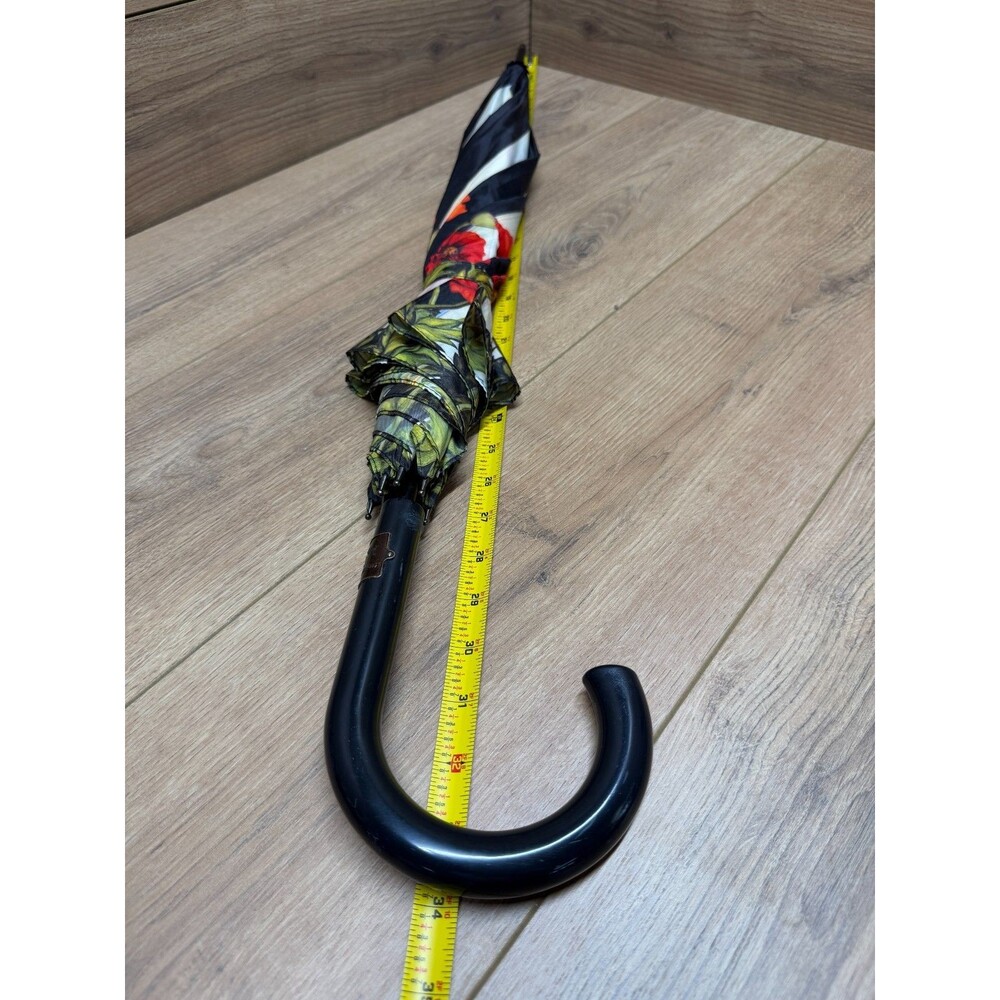 MacKenzie-Childs Flower Market Stick Umbrella Black White Floral w/ Logo Handle - Picture 6 of 7